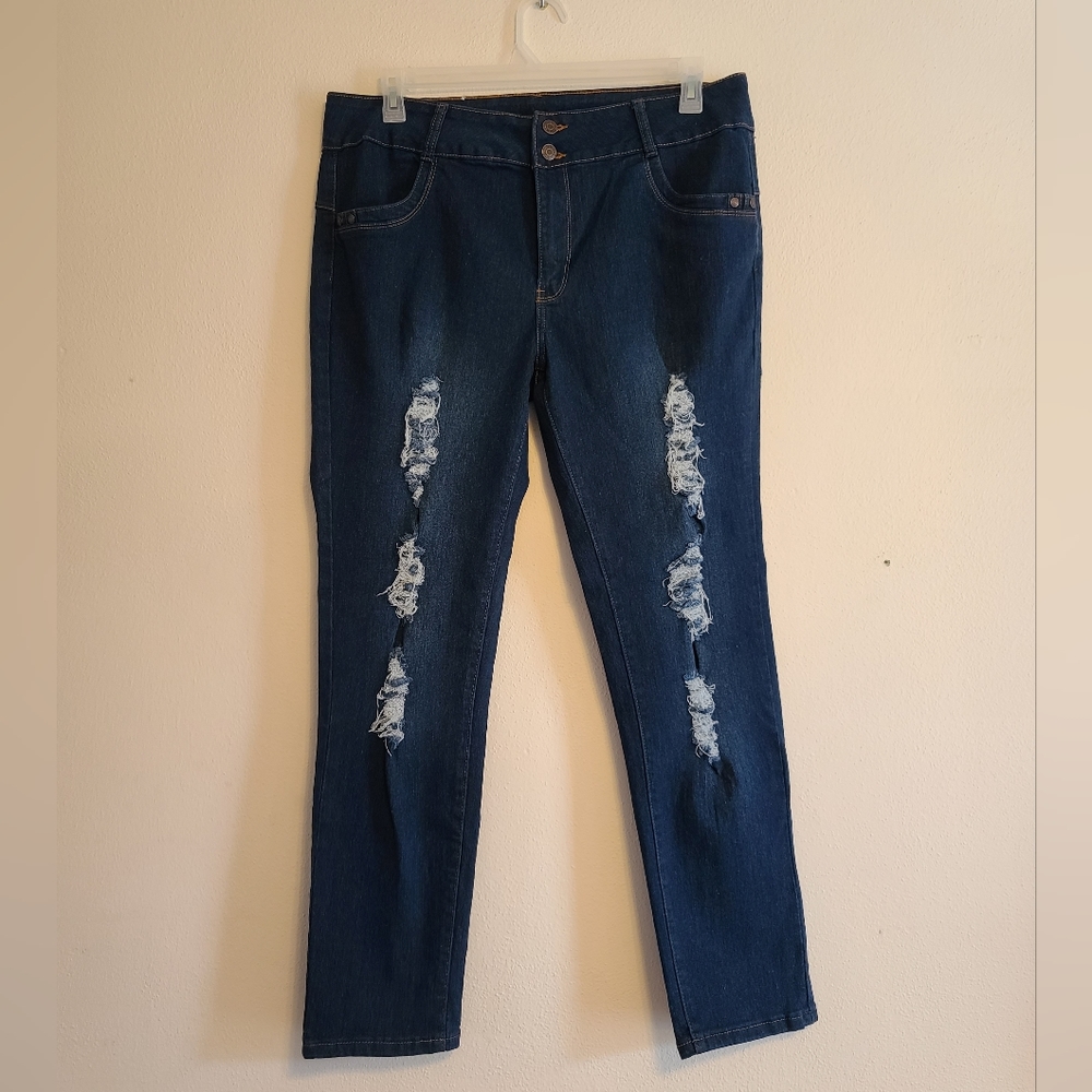 Diamante Womens Size 18 Distressed Double Button Dark Wash Blue Jeans